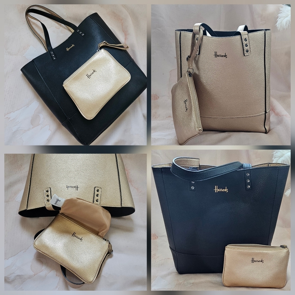 Harrod's Black and Gold 2-in-1 Reversible Tote Bag and Pouch Set